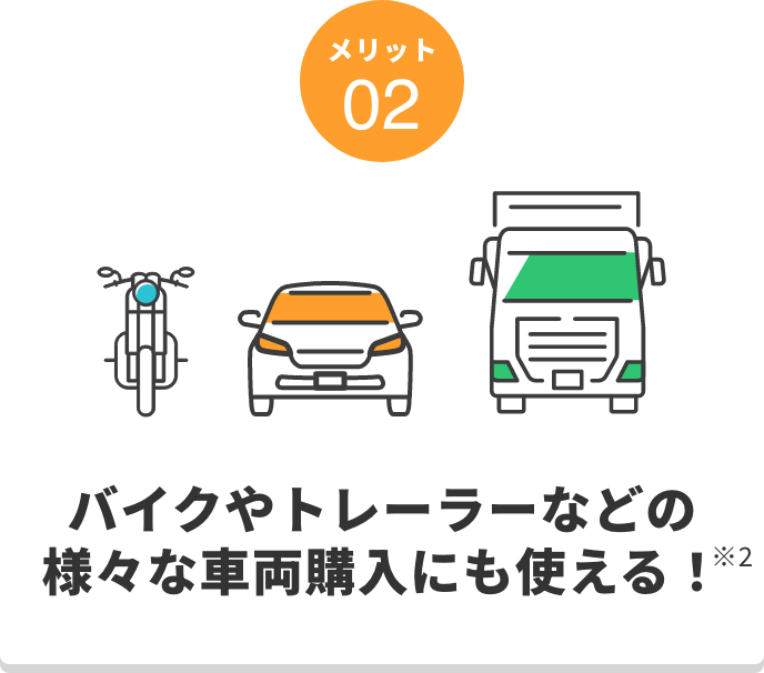 バイクやトレーラなどの様々な車両購入にも使える